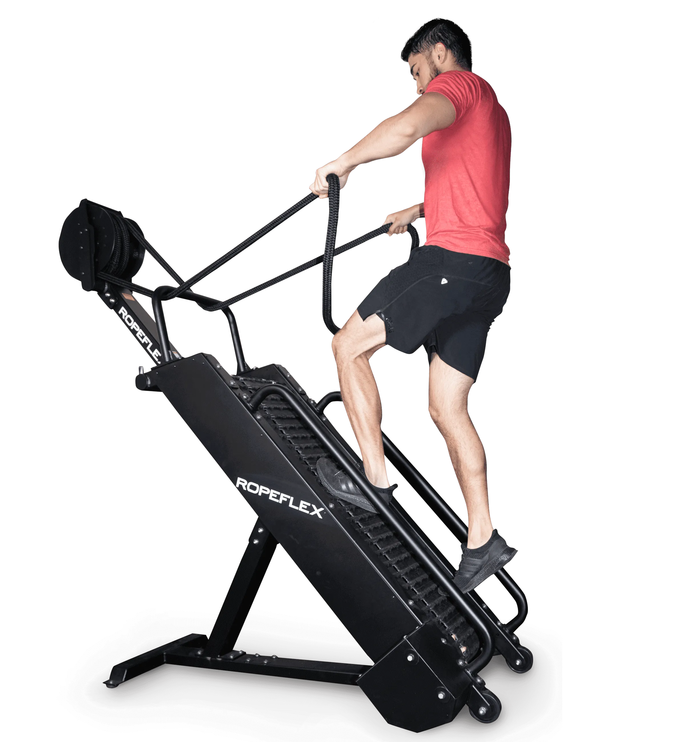 Ropeflex RX4400 APEX Tread Climbing Rope Trainer - A man is pulling a rope while climbing a gym machine