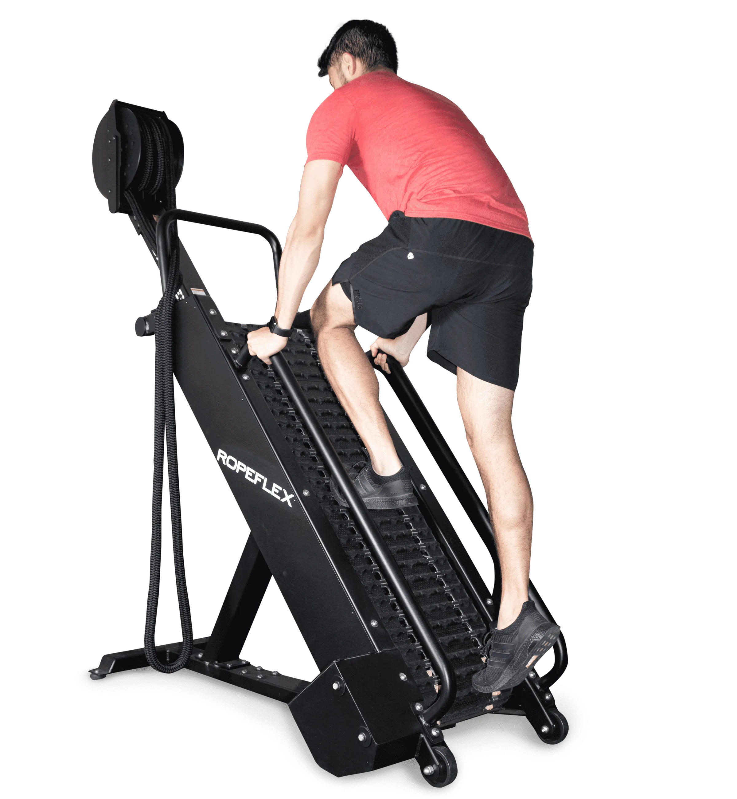 Ropeflex RX4400 APEX Tread Climbing Rope Trainer - A man in a red shirt is climbing a gym equipment