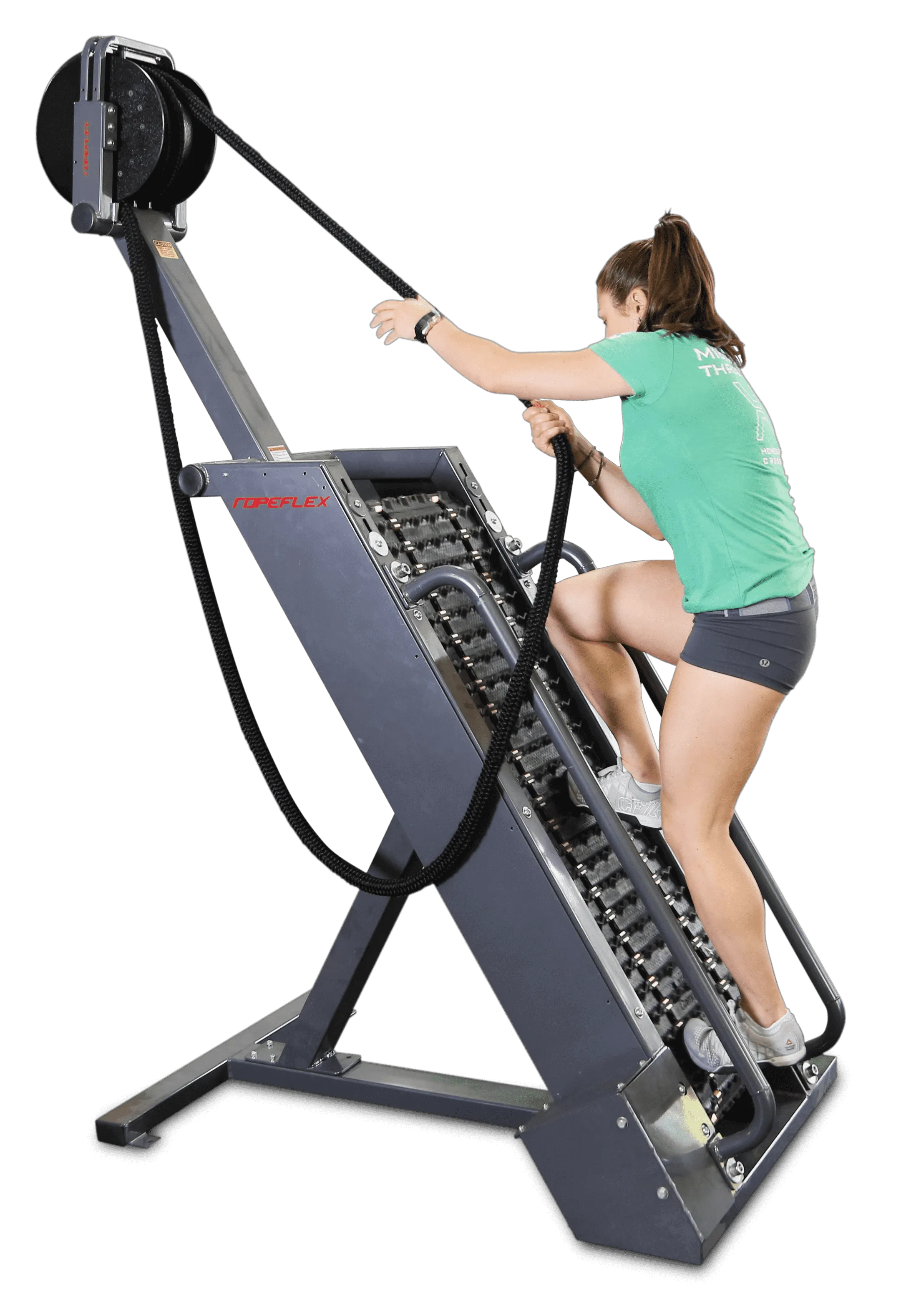 Ropeflex RX4400 APEX Tread Climbing Rope Trainer - A woman in a green shirt is climbing a gym equipment