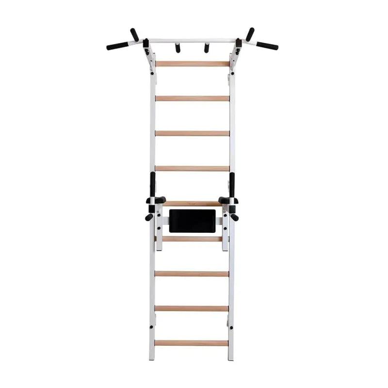 BenchK Stall Bar With Pull-up Bar and Dip Station 722B -Front view picture of the wall and dip bar in white