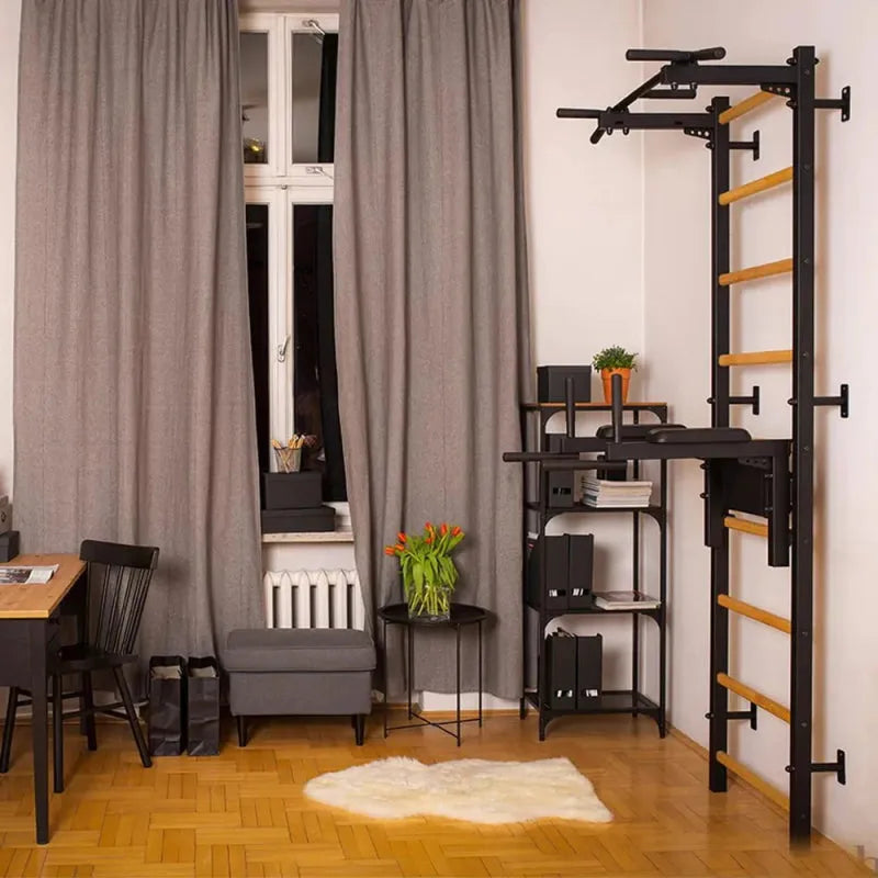 BenchK Stall Bar With Pull-up Bar and Dip Station 722B - Side view photo of actual product in a living room