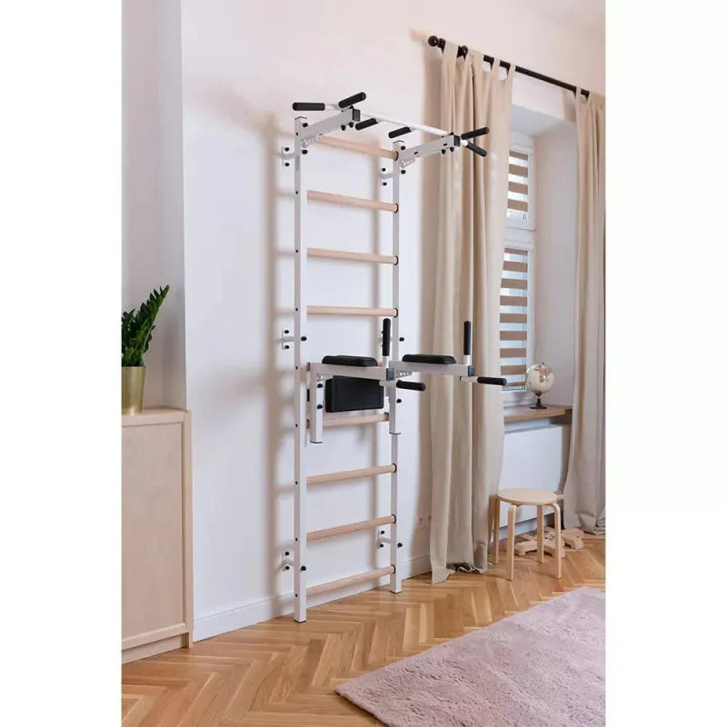 BenchK Stall Bar With Pull-up Bar and Dip Station 722B - Actual photo of wall bar with dip bar attachment
