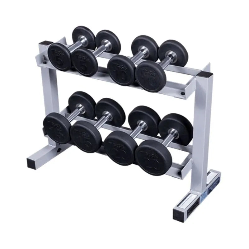 Body-Solid Powerline Two Tier Dumbbell Rack PDR282X - dumbells aligned on a rack
