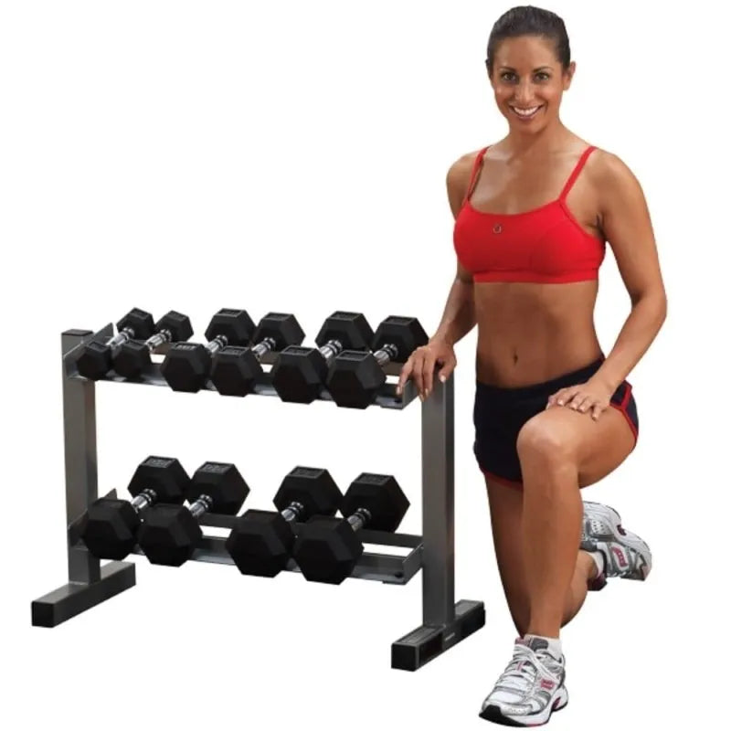Body-Solid Powerline Two Tier Dumbbell Rack PDR282X - woman kneeling next to it