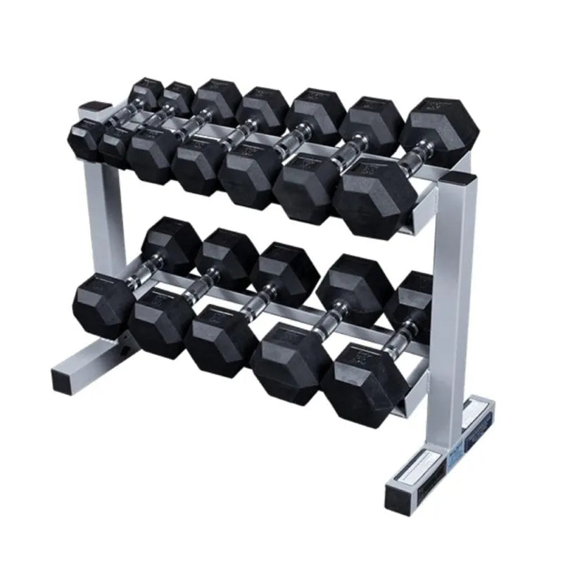 Body-Solid Powerline Two Tier Dumbbell Rack PDR282X - with bunch of dumbells