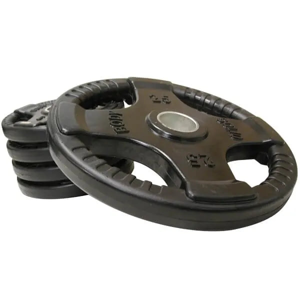 Body-Solid Rubber Grip Olympic Plates ORT  - close up photo of weights in stack position