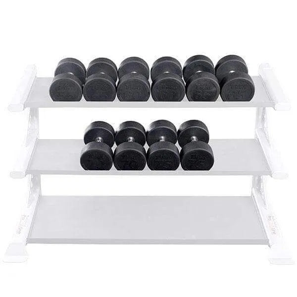 Body-Solid Rubber Round Dumbbell Sets SDPS - Dumbbell set on a rack
