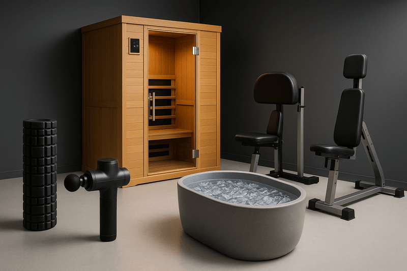 Different recovery equipment. Sauna, weights, cold plunge and massage rollers