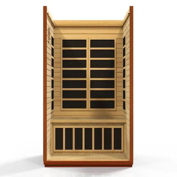 Dynamic San Marino 2-Person Low EMF FAR Infrared Sauna (Canadian Hemlock) - Front interior view of sauna without door and roof