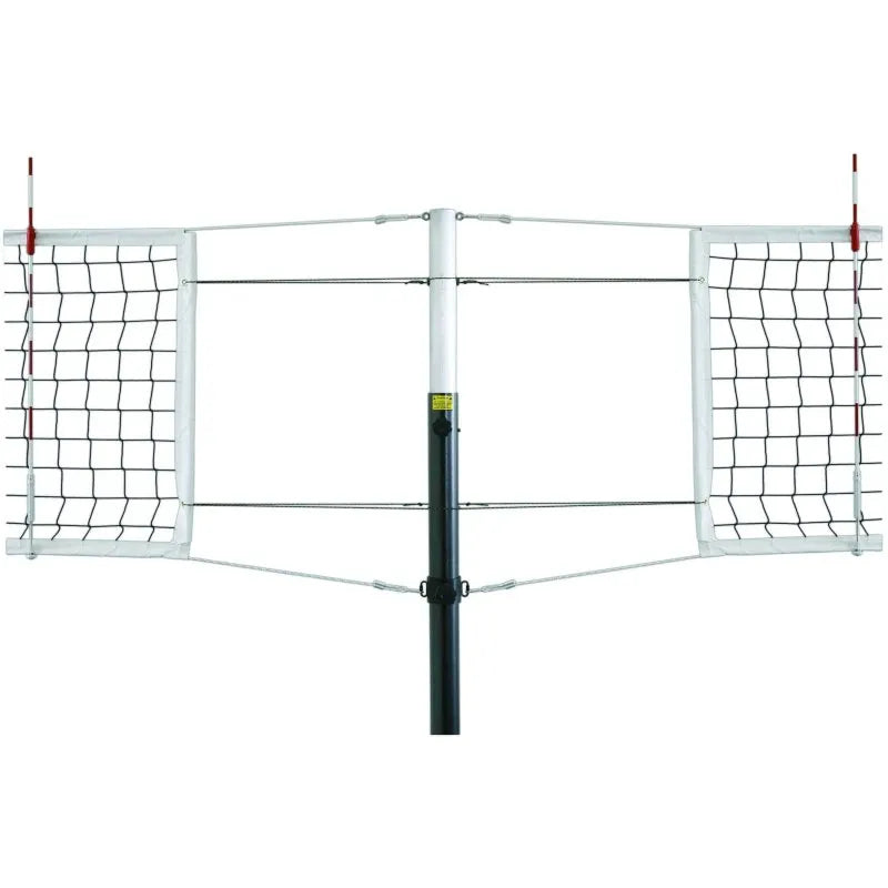 First Team Frontier 3 1/2" Steel Competition Volleyball Net System - nets attached to black and whitepole