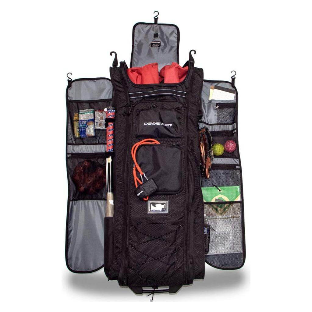 Powernet All Gear Transporter Rolling Baseball Equipment Bag for Coaches B007 with contents in white background