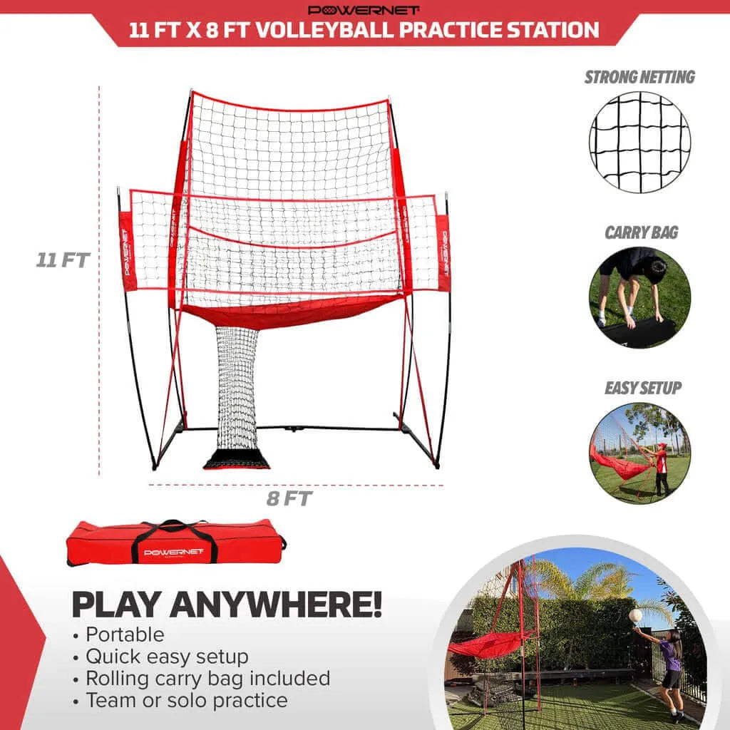 Powernet Volleyball Practice Net Station 8'x 11' V001 - illustration of parts and setup