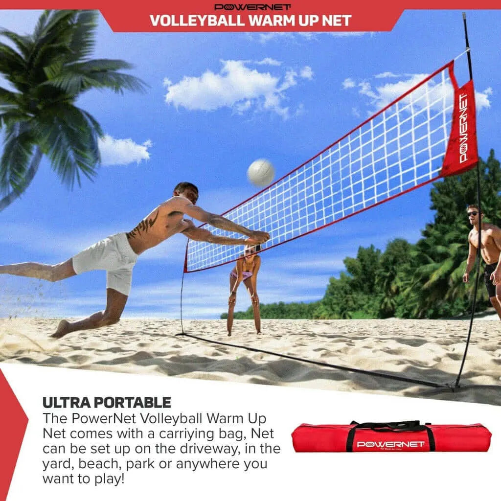 Powernet Freestanding Volleyball Warm Up Net 1178 - with people playing volleyball on the beach