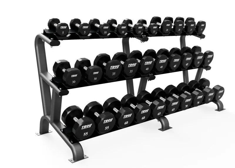 Troy 15-Pair Dumbbell Rack - dumbbells displayed on rack