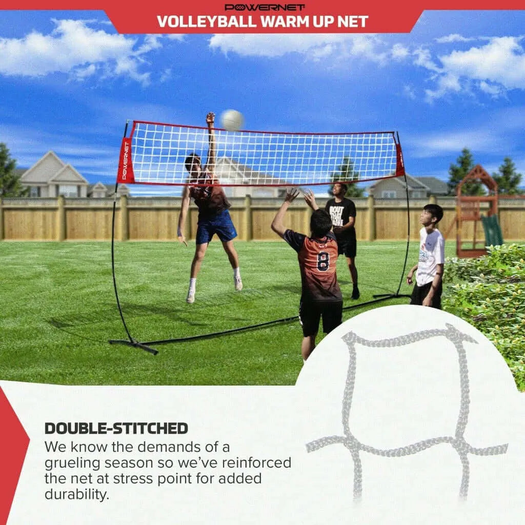 Powernet Freestanding Volleyball Warm Up Net 1178 - with men playing on a backyard