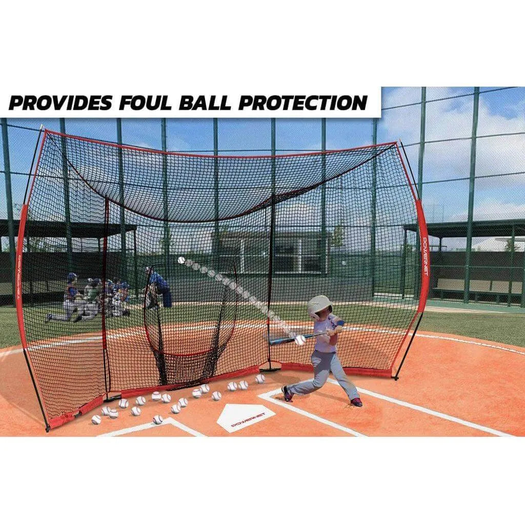 A child playing baseball using Powernet 16' x 9' Portable Baseball Backstop 1149