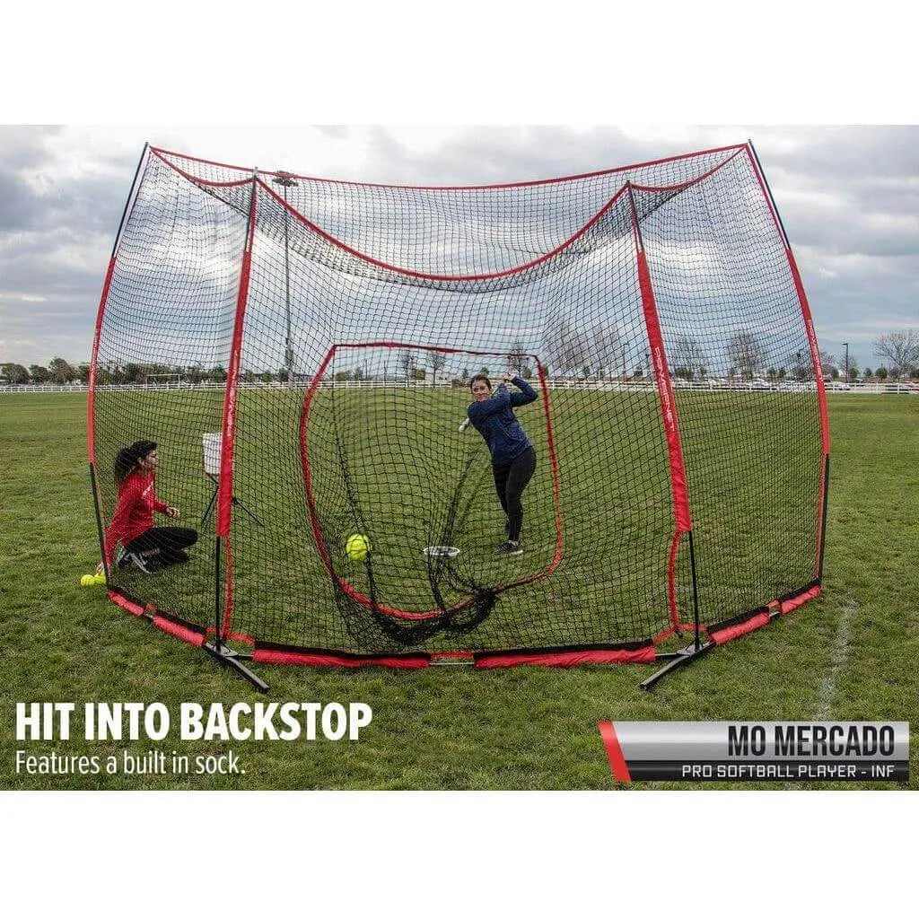 Two girls playing baseball using Powernet 16' x 9' Portable Baseball Backstop 1149