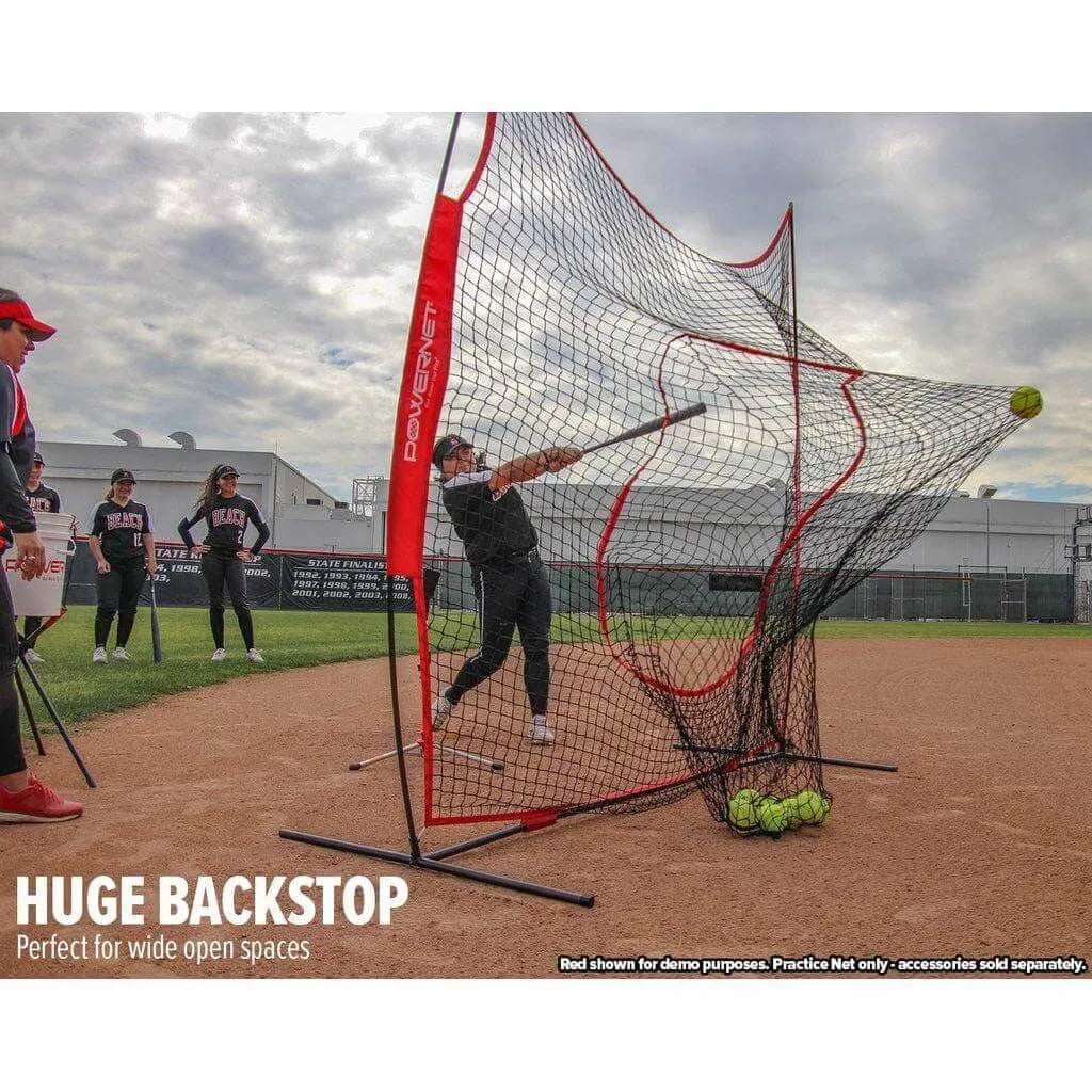 A girl hitting a baseball to showcase Powernet 8x8 Practice Net 1152's huge backstop feature