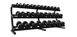 12 Sided Rubber Dumbbell - lined up on a black rack 