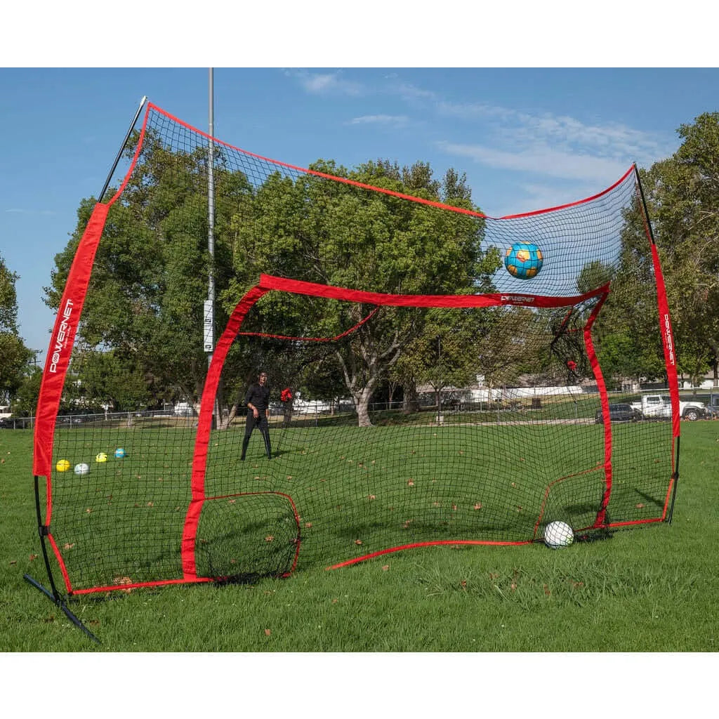 Powernet 16x10 Ft Soccer Goal Combo Barrier 1214 in an open field