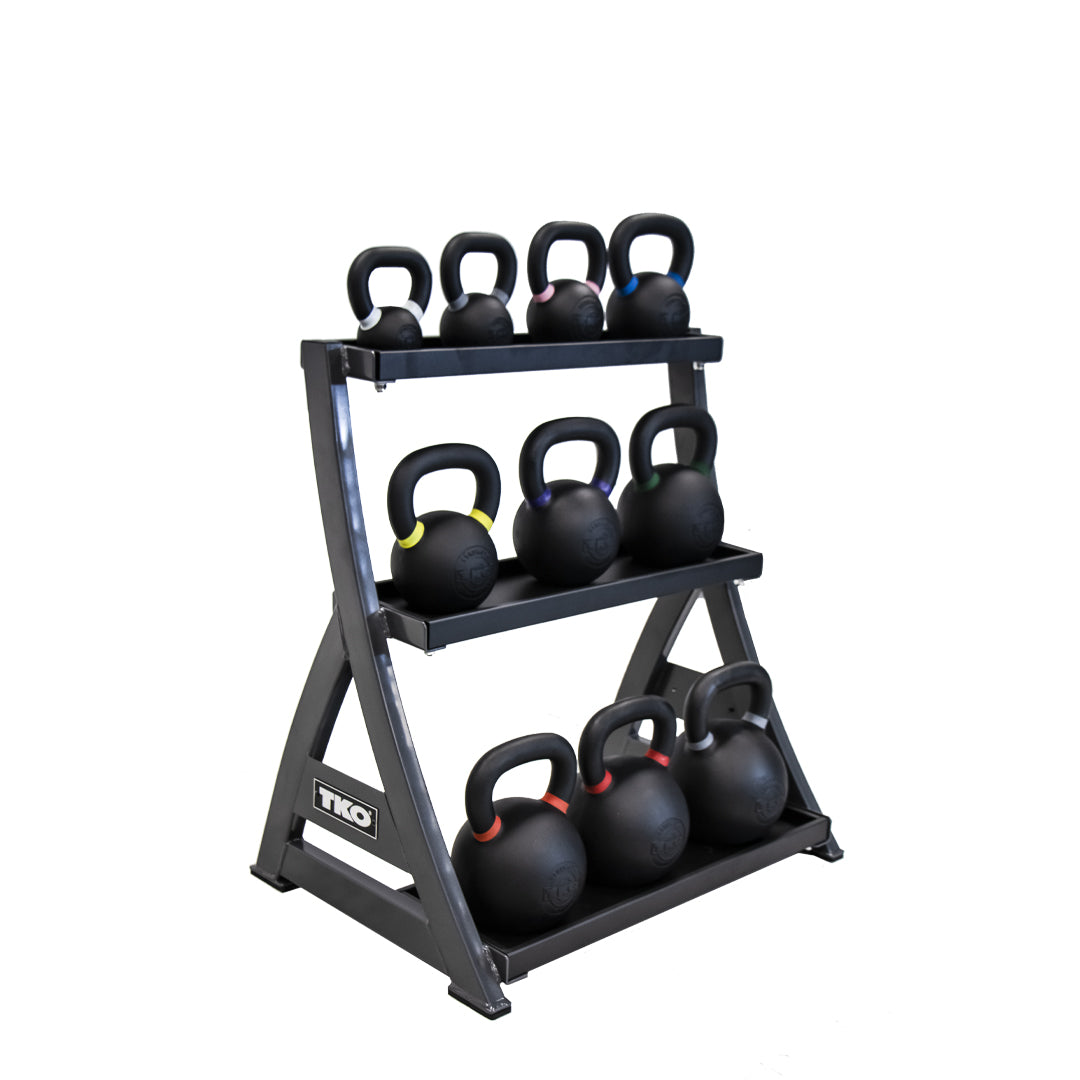 TKO 856KR Kettlebell Rack - side view of the arranged kettlebell in the rack