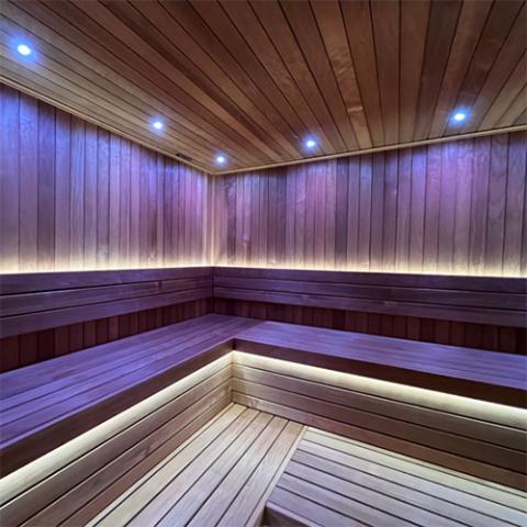 Universal Sauna Light Kit with 16-Ft Flexible LED Strip White Light Flexible LED Strip, 16FT - Detailed photo of inner part of a well-lit sauna