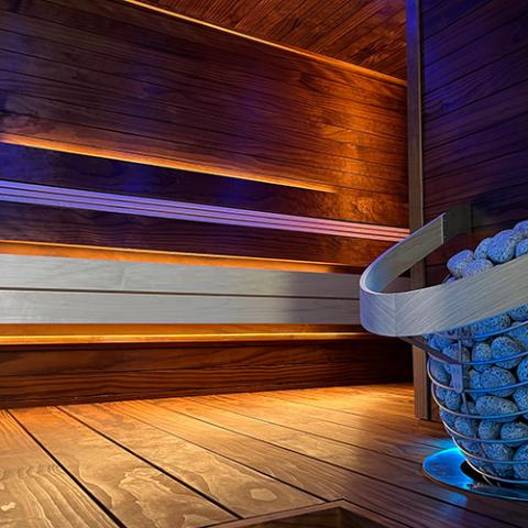 Universal Sauna Light Kit with Two 10-Ft Flexible LED Strips White Light Flexible IP67 LED Strip, Dual 10FT - Close up photo of the inner part of a well-lit sauna