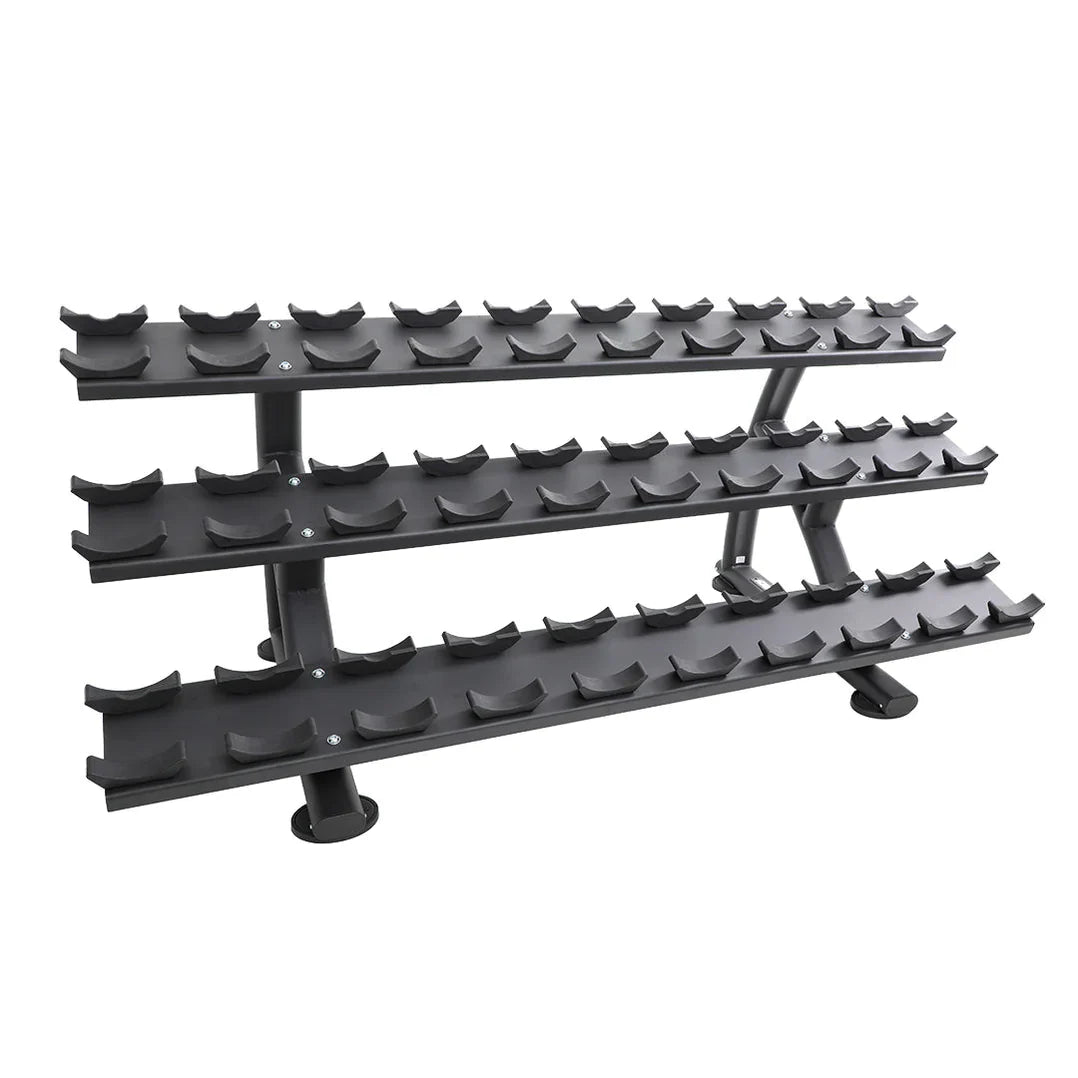 TKO Signature Round Urethane Dumbbell Set With Rack - front view of the black metal rack