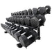 TKO 10-Sided Rubber Dumbbell Set With Rack - bunch of dumbbells arrange horizontally