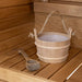 Prosaunas Wood Sauna Bucket Lined Wood Sauna Bucket, Rope Handle, 4-Liter - Bucket and ladle on a sauna seat