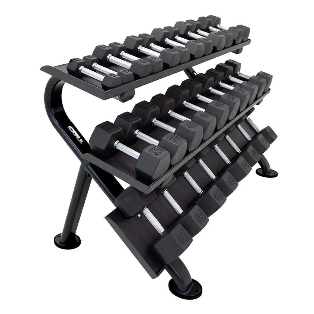 TKO 3 Tier Commercial Dumbbell Rack 890HDR-BK - Shelf with black dumbbells side view