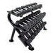 TKO 3 Tier Commercial Dumbbell Rack 890HDR-BK - Shelf with black dumbbells side view