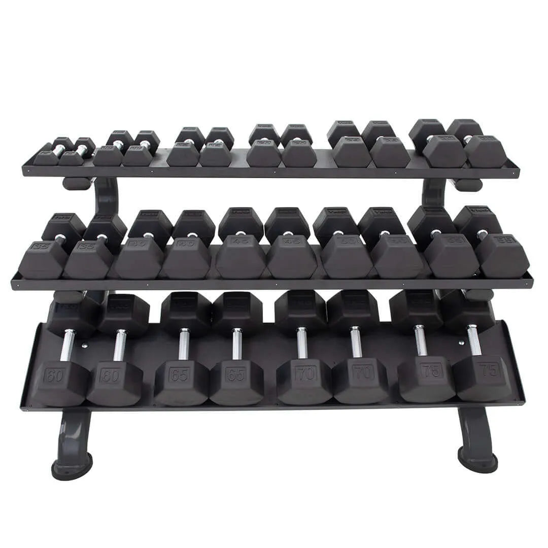 TKO 3 Tier Commercial Dumbbell Rack 890HDR-BK - Shelf full with dumbbells with different variations