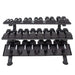 TKO 3 Tier Commercial Dumbbell Rack 890HDR-BK - Shelf full with dumbbells with different variations