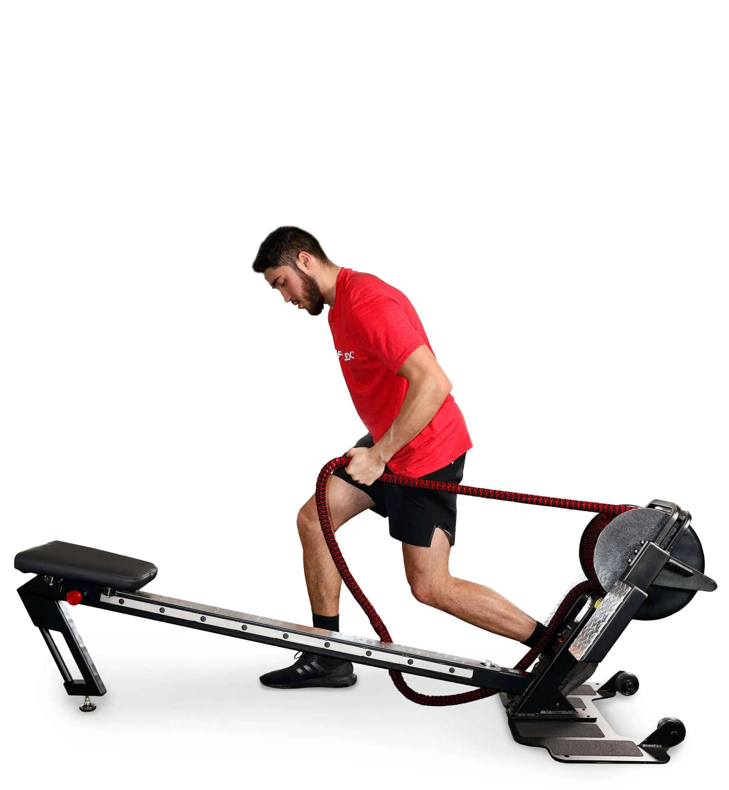 Ropeflex RX3200 ADDAX Rowing Rope Trainer - A man in red shirt pulling a rope from a fitness machine