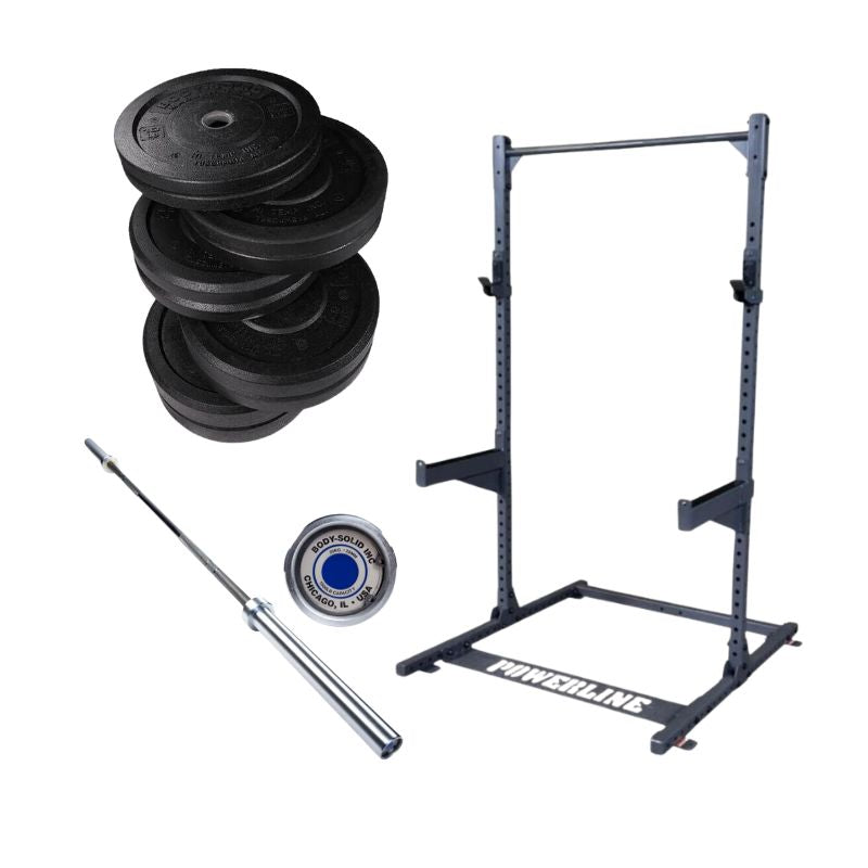 Body-Solid Basic Garage Gym Half Rack Package - Gym half rack with olympic barbell and rubber bumper plate set