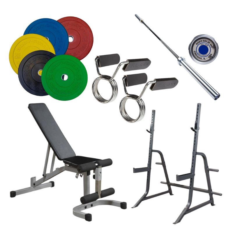 Body-Solid Powerline Multi Press Gym Package - Multi press rack with bench, olympic barbell, spring collar and colored bumper plates