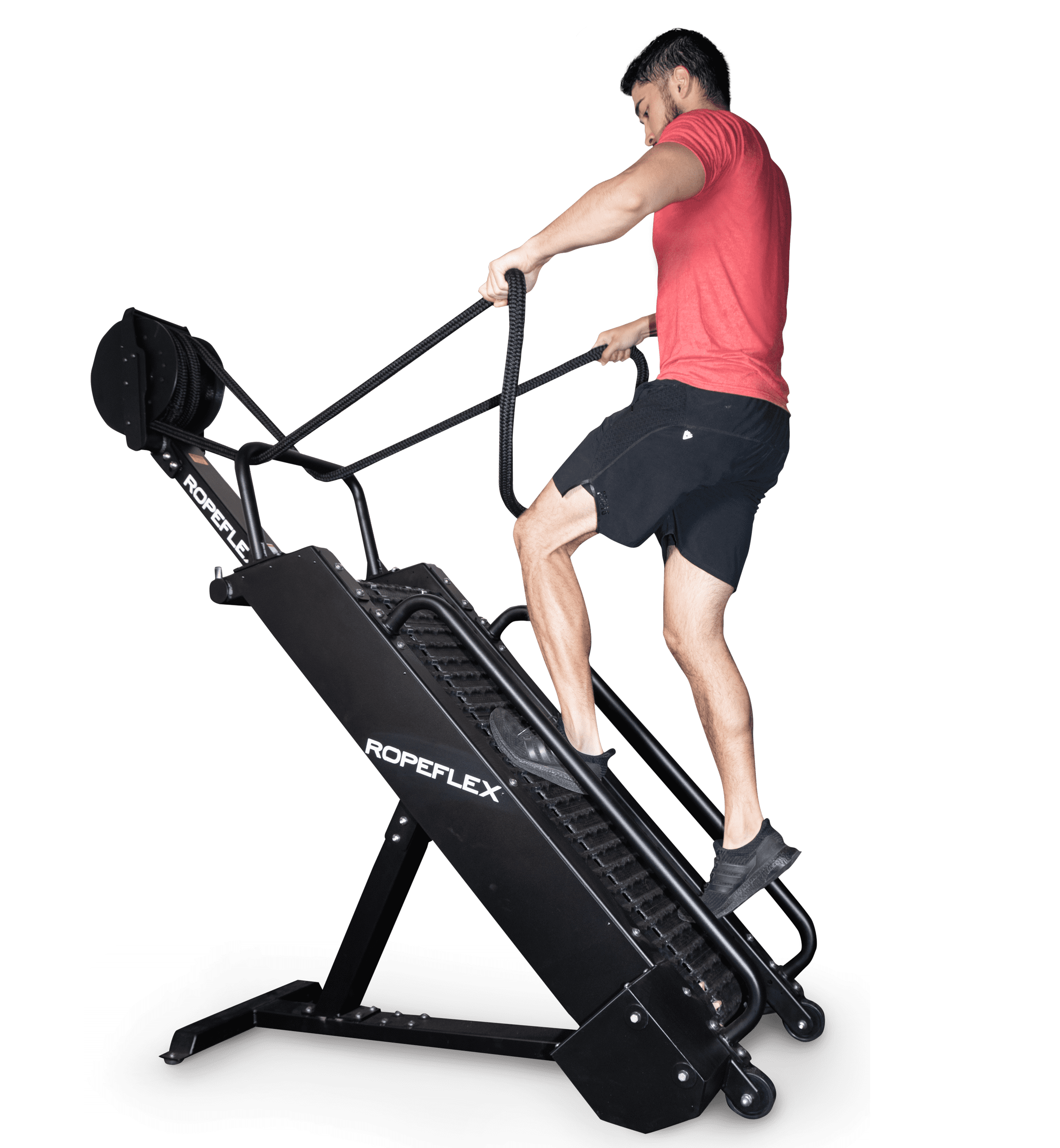 Ropeflex RX4400 APEX Tread Climbing Rope Trainer - A man is pulling a rope while climbing a gym machine