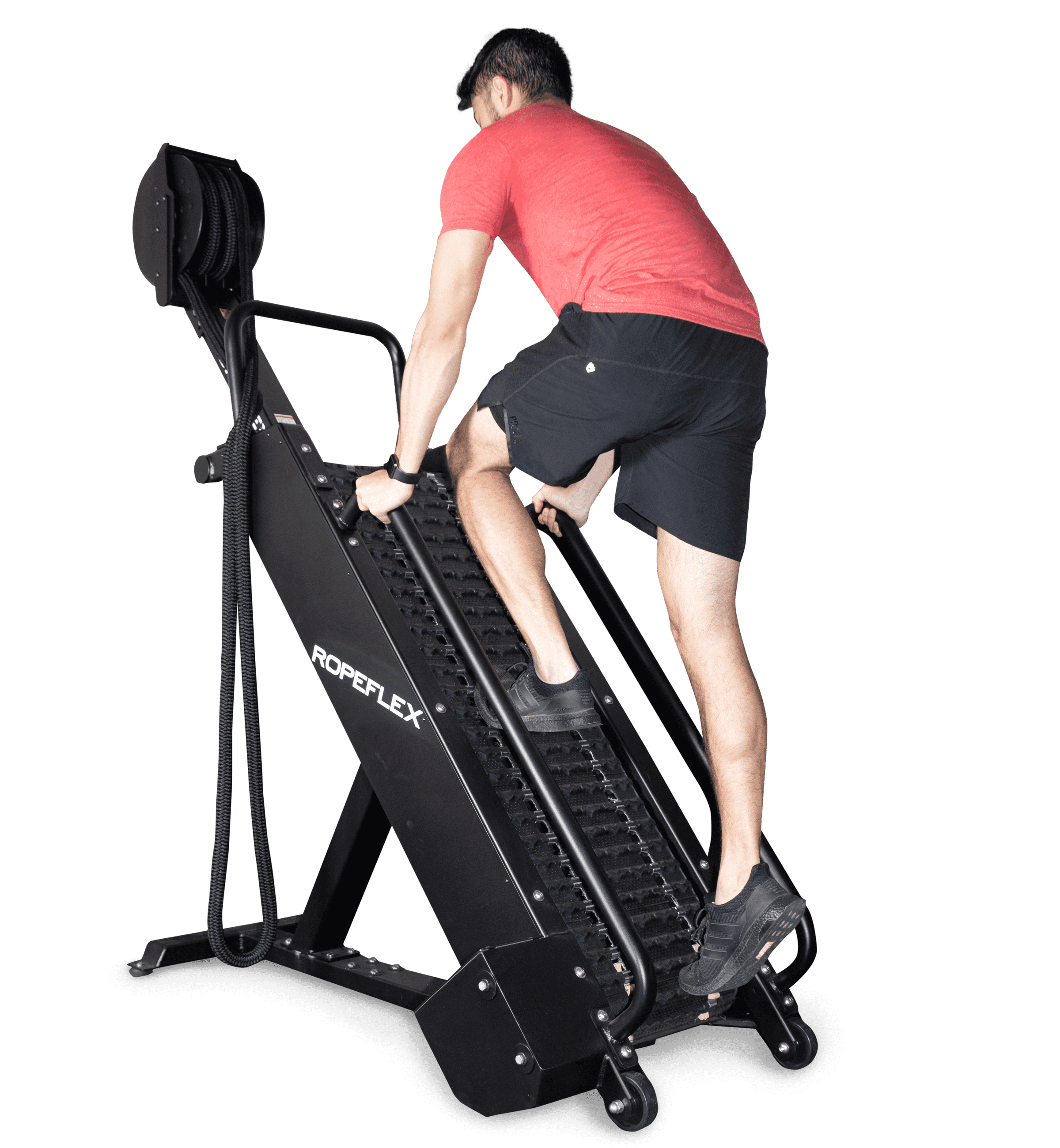 Ropeflex RX4400 APEX Tread Climbing Rope Trainer - A man in a red shirt is climbing a gym equipment