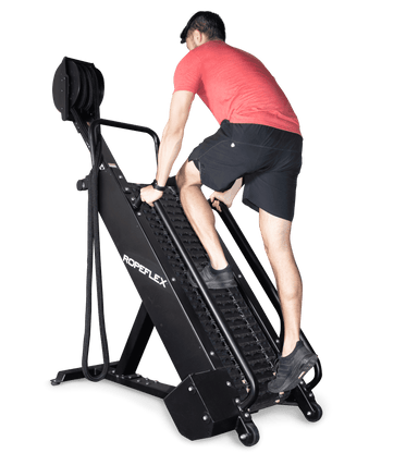 Ropeflex RX4400 APEX Tread Climbing Rope Trainer - A man in a red shirt is climbing a gym equipment