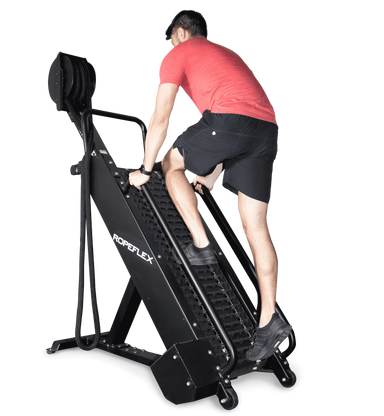 Ropeflex RX4400 APEX Tread Climbing Rope Trainer - A man in a red shirt is climbing a gym equipment