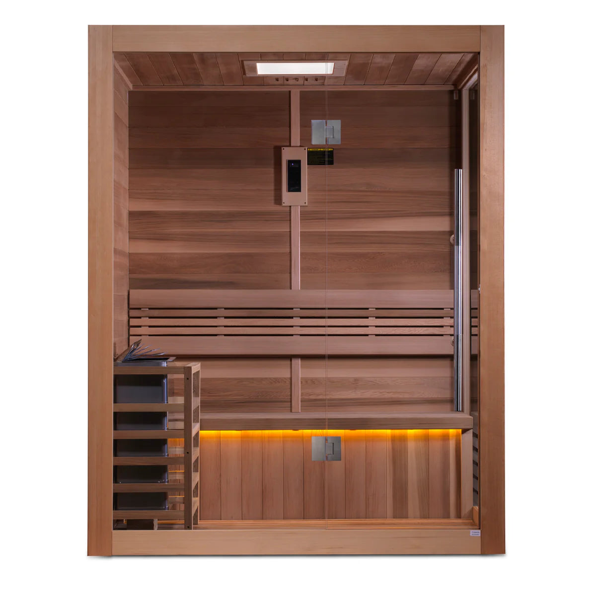 Golden Designs "Hanko Edition" 2 Person Indoor Traditional Steam Sauna (GDI-7202-01) - Canadian Red Cedar Interior - Front view of sauna