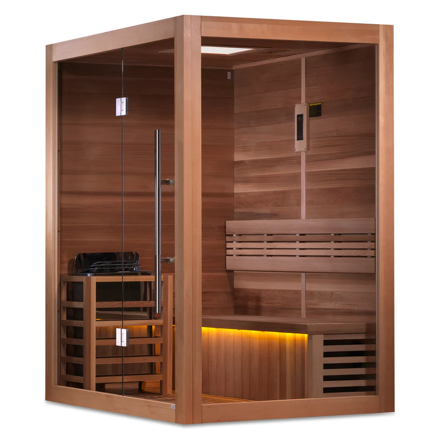 Golden Designs "Hanko Edition" 2 Person Indoor Traditional Steam Sauna (GDI-7202-01) - Canadian Red Cedar Interior - Side view of sauna