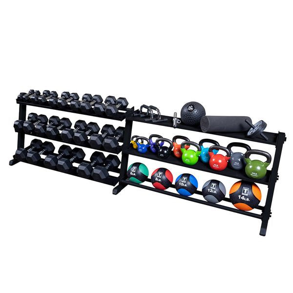 Body-Solid Pro Dumbbell Rack GDR60B - With dumbbells and kettlebells