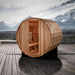 Golden Designs "St. Moritz" 2 Person Barrel Traditional Steam Sauna -  Pacific Cedar - Assembled outdoor with mountains at the background