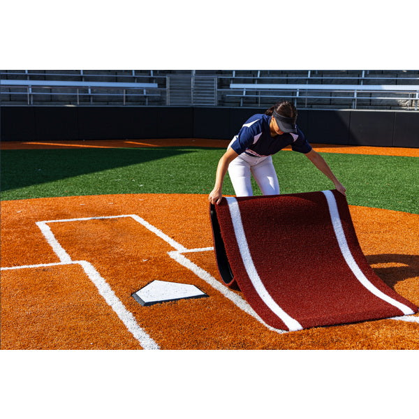 Portolite Half Batter's Mat - woman laying down the red mat 