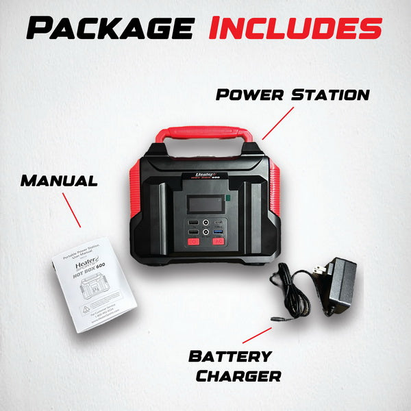 Heater Sports Hot Box 600 Portable Power Station - package includes