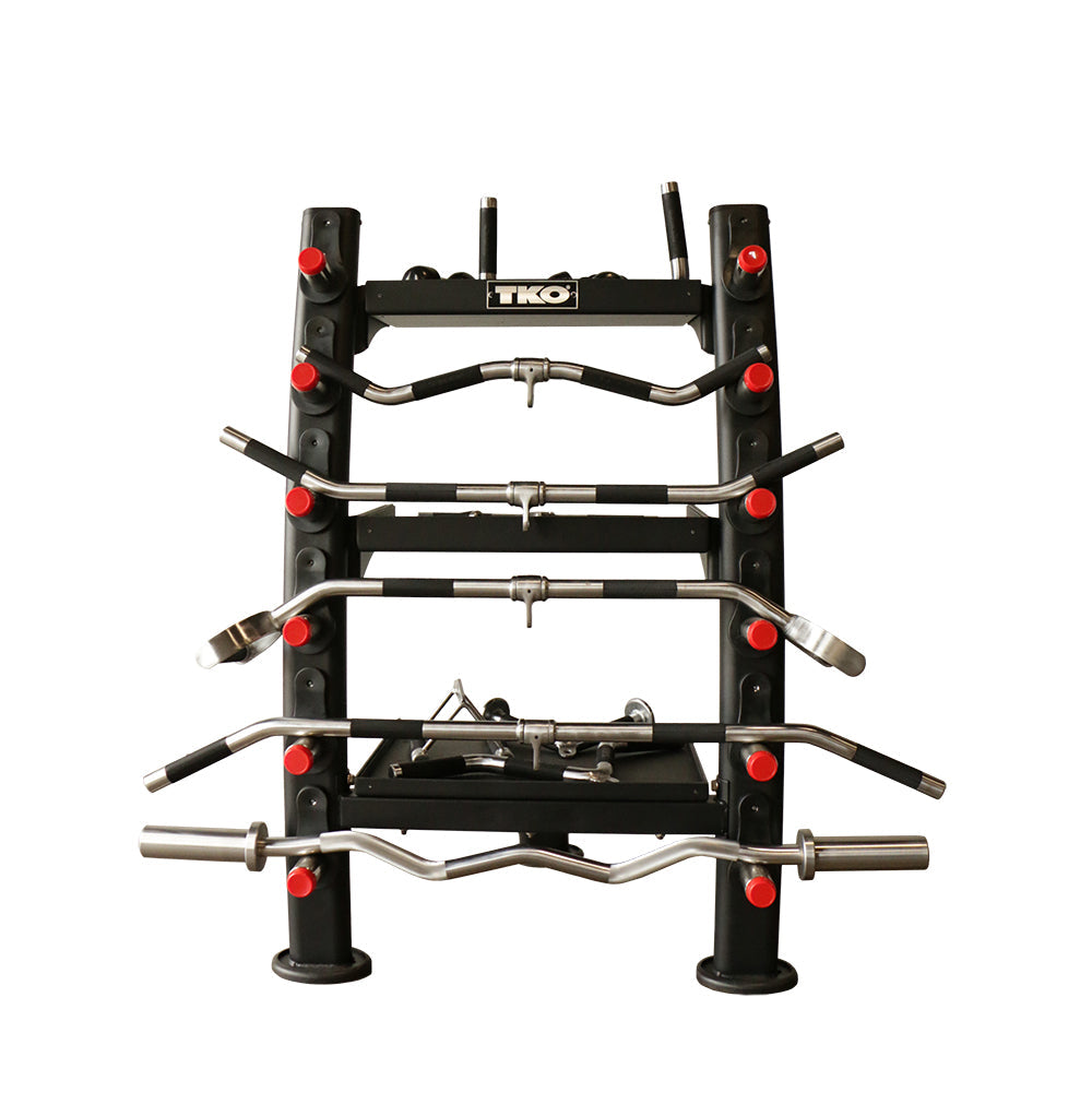 TKO Strength Accessory Storage Rack- front view of the storage rack with all the equipments