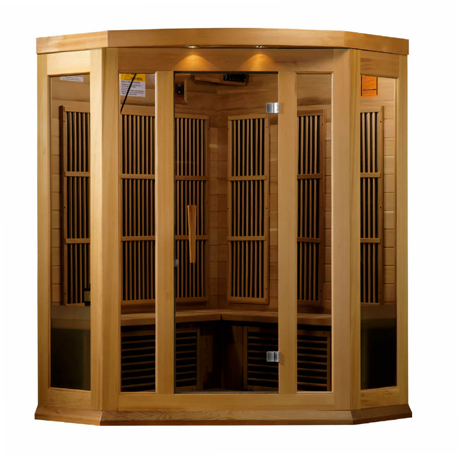 Maxxus "Avignon Edition" 3 Person Corner Near Zero EMF FAR Infrared Sauna - Canadian Red Cedar - Main image in white background