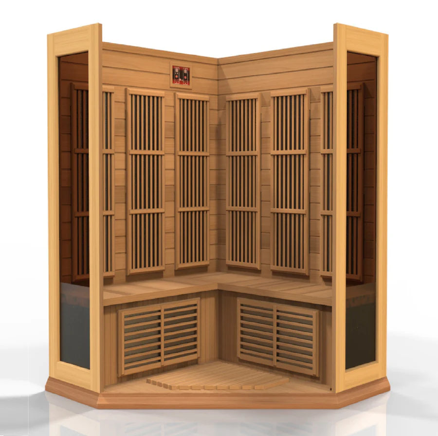 Maxxus "Avignon Edition" 3 Person Corner Near Zero EMF FAR Infrared Sauna - Canadian Red Cedar - Inside view